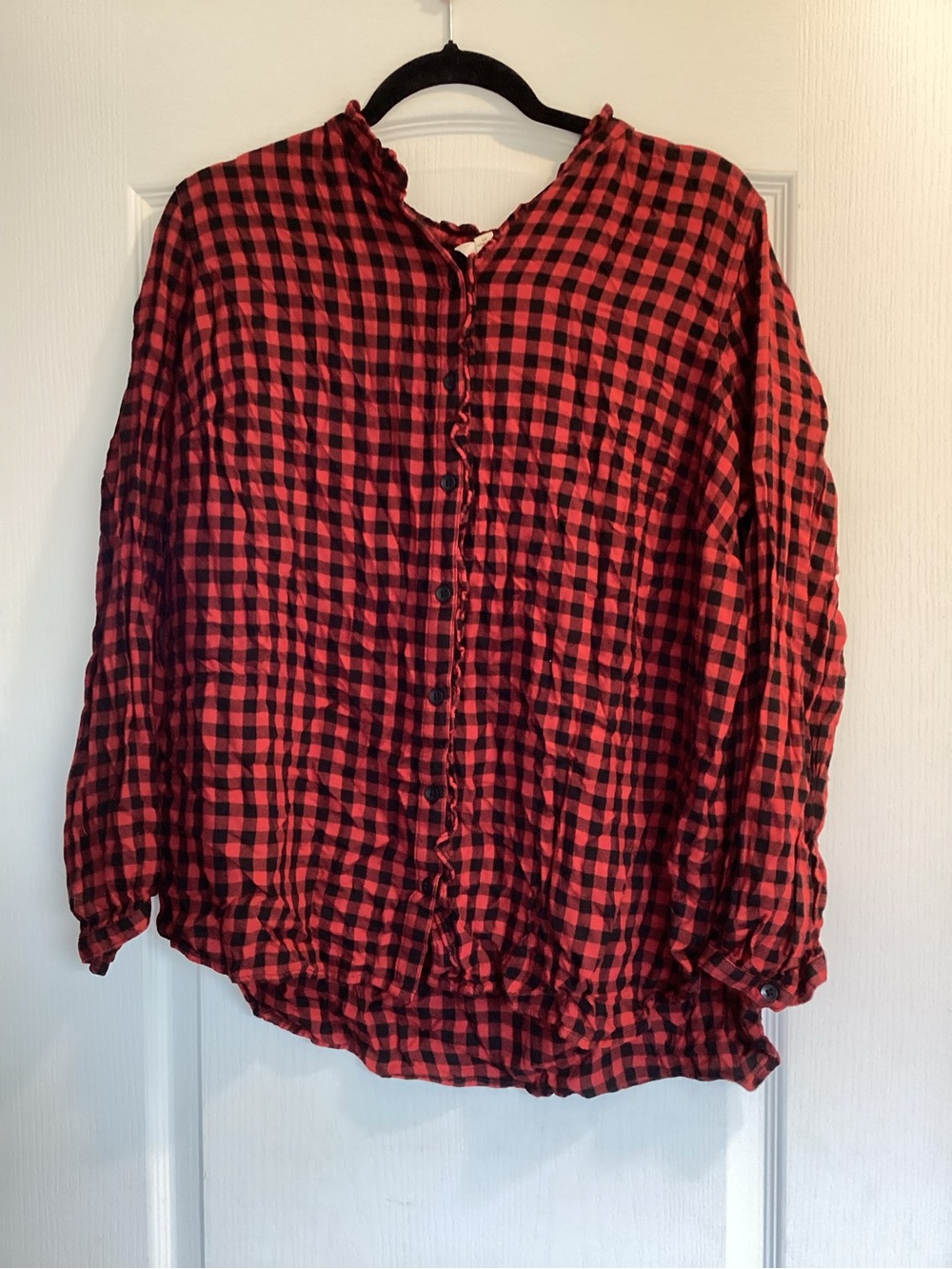 Terra & Sky Red and Black Check Button-Up Blouse 1XL EUC